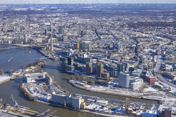 Aerial view, media harbour with Rhine Tower, harbour, Düsseldorf, Rhineland, North