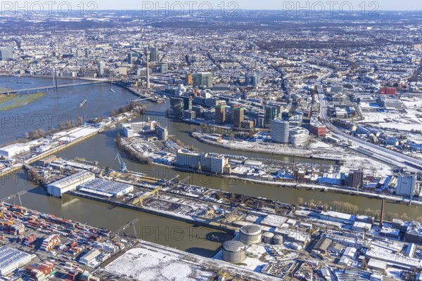 Aerial view, media harbour with Rhine Tower, harbour, Düsseldorf, Rhineland, North
