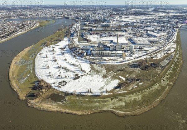 Aerial view, Rhine bend at the harbour, Lausward power station, harbour, Düsseldorf, Rhineland,