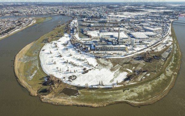 Aerial view, Rhine bend at the harbour, Lausward power station, harbour, Düsseldorf, Rhineland,