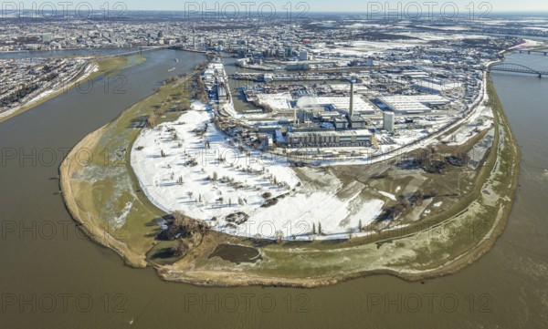 Aerial view, Rhine bend at the harbour, Lausward power station, harbour, Düsseldorf, Rhineland,