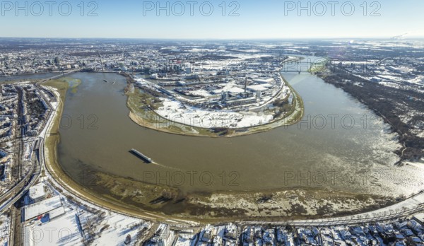 Aerial view, Rhine bend at the harbour, Lausward power station, harbour, Düsseldorf, Rhineland,