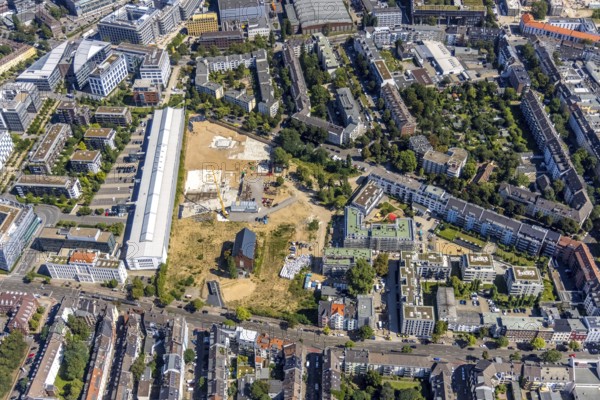 Aerial view, construction site Ulmer Höh and new construction city quarter maxfrei in the district