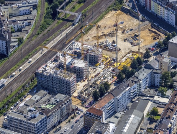 Aerial view, construction site and new building Le Quartier Central at the corner of Worringer