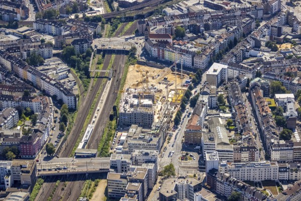 Aerial view, construction site and new building Le Quartier Central at the corner of Worringer