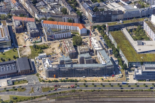Aerial view, construction site and new building at the campus of the Düsseldorf University of