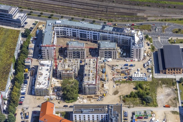 Aerial view, construction site and new building at the campus of the Düsseldorf University of