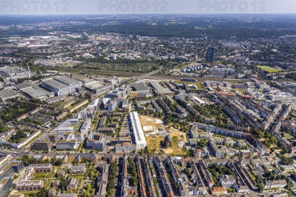 Aerial view, construction site Ulmer Höh and new construction city quarter maxfrei in the district