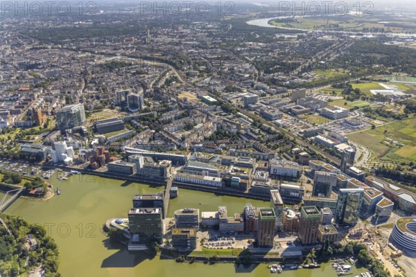 Aerial view, Medienhafen in the former Rhine harbour in Düsseldorf, Rhineland, North