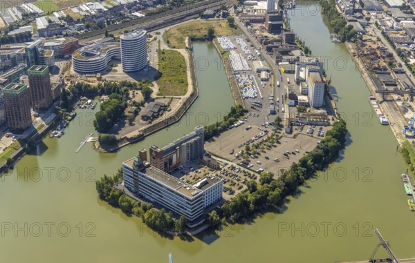 Aerial view, Plange Mühle conversion for a clinic in the media harbour in the harbour in