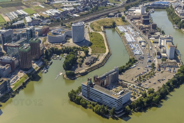Aerial view, Plange Mühle conversion for a clinic in the media harbour in the harbour in
