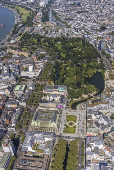 Aerial view, commercial buildings Galeria Kaufhof, Steigenberger Hotel and Deutsche Oper am Rhein