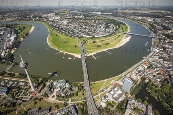 Aerial view, Rhine Tower and State Parliament of North Rhine-Westphalia on the river Rhine with