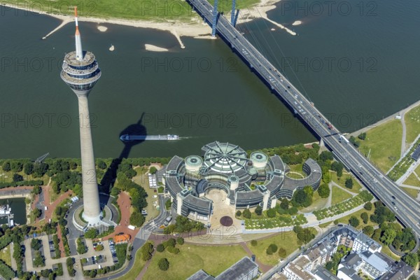 Aerial view, Rhine Tower and State Parliament of North Rhine-Westphalia with Rhine knee bridge at