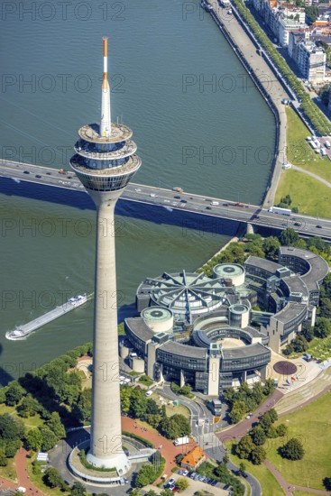 Aerial view, Rhine Tower and State Parliament of North Rhine-Westphalia at the river Rhine in the
