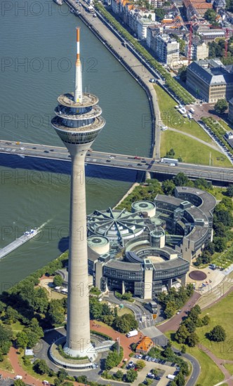 Aerial view, Rhine Tower and State Parliament of North Rhine-Westphalia at the river Rhine in the
