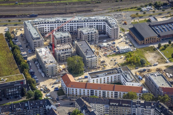 Aerial view, construction site with new building at the campus of the Düsseldorf University of
