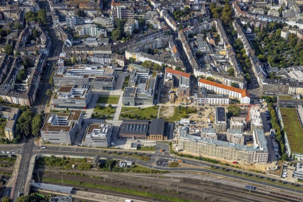 Aerial view, construction site with new building at the campus of the Düsseldorf University of