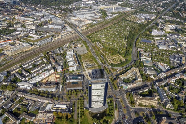Aerial view, ARAG Tower with construction site on Mercedesstraße with new construction of an office