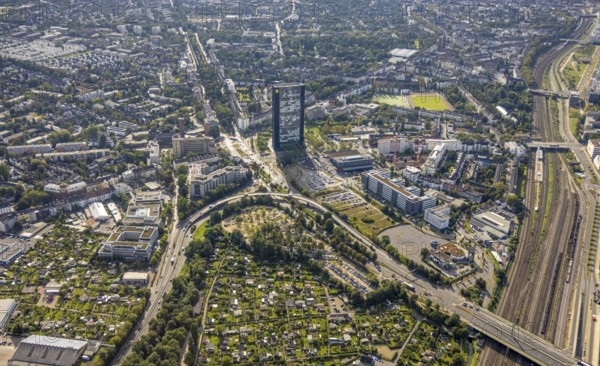 Aerial view, ARAG Tower with construction site on Mercedesstraße with new construction of an office