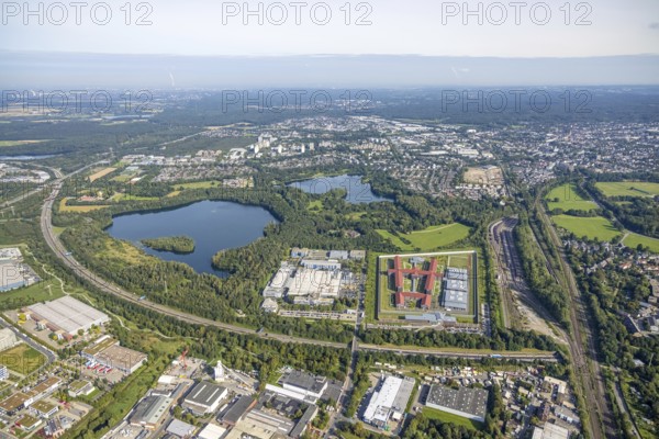 Aerial view, correctional facility Düsseldorf and Silbersee in Ratingen, Rhineland, North