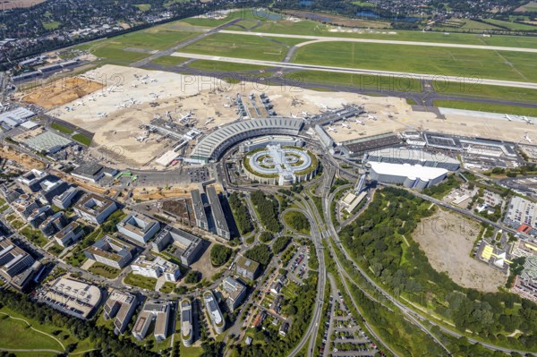 Aerial view, Düsseldorf Airport and Air Park business centre in the Lohausen district of