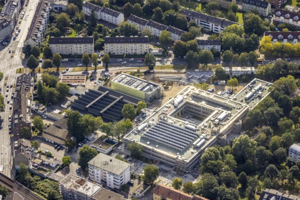 Aerial view, construction site at Friedrich-Rückert-Gymnasium and Weiterbildungskolleg with evening