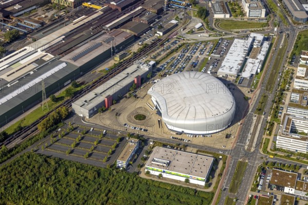 Aerial view, PSD BANK DOME event arena in the Rath district of Düsseldorf, Rhineland, North