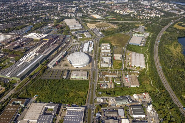 Aerial view, PSD BANK DOME event arena in the Rath district of Düsseldorf, Rhineland, North