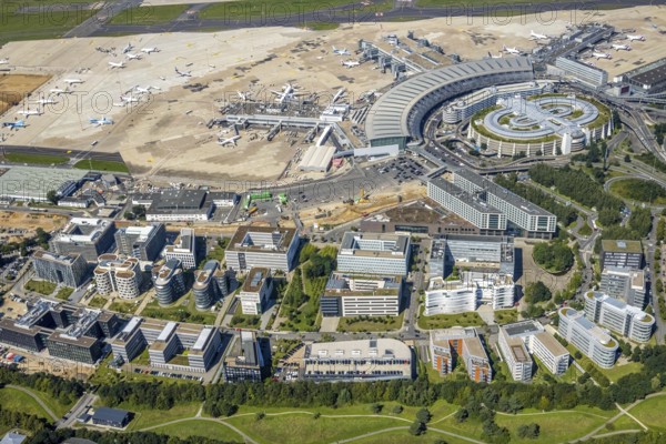 Aerial view, Düsseldorf Airport and Air Park business centre in the Lohausen district of