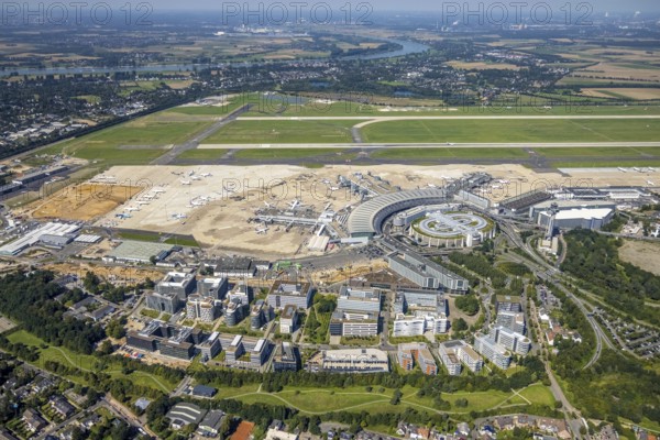 Aerial view, Düsseldorf Airport and Air Park business centre in the Lohausen district of