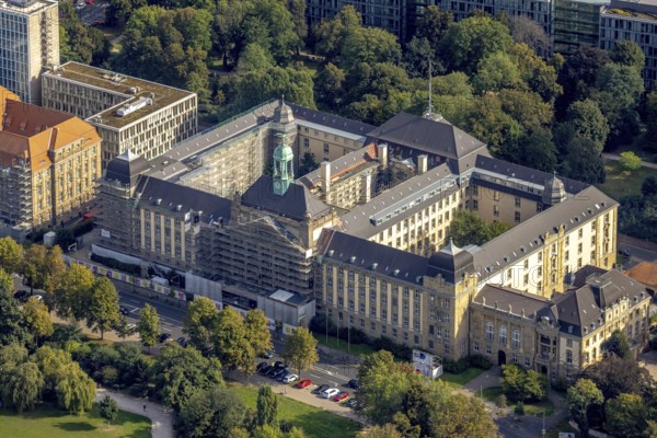 Aerial view, Düsseldorf district government with renovation work on the facade in the Pempelfort