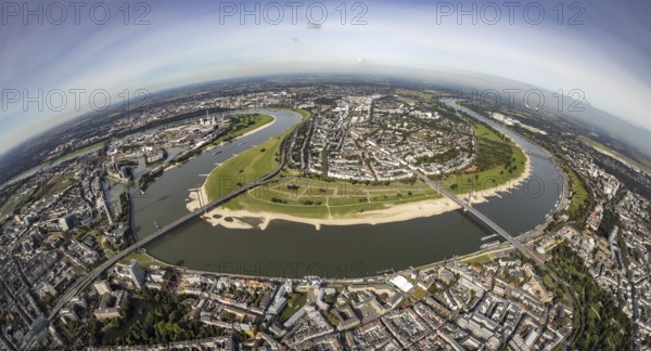 Aerial view, fisheye view river Rhine with Rheinkniebrücke and Oberkasseler Brücke and district