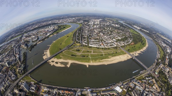 Aerial view, fisheye view river Rhine with Rheinkniebrücke and Oberkasseler Brücke and district