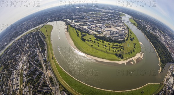Aerial view, fisheye view of the Medienhafen at the river Rhine with Rhine bend in the district