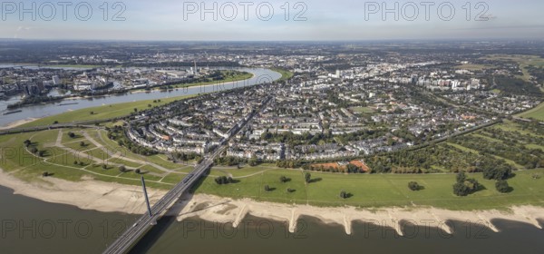 Aerial view, river Rhine with Rheinkniebrücke and district Oberkassel in Düsseldorf, Rhineland,