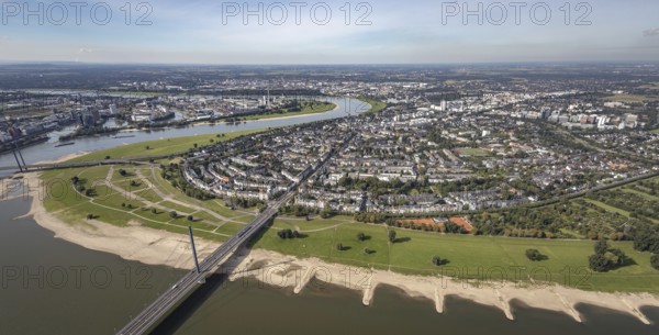 Aerial view, river Rhine with Rheinkniebrücke and district Oberkassel in Düsseldorf, Rhineland,