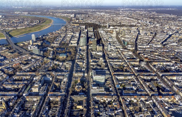 Aerial view, office buildings and commercial buildings Friedrichstraße with the catholic church St.