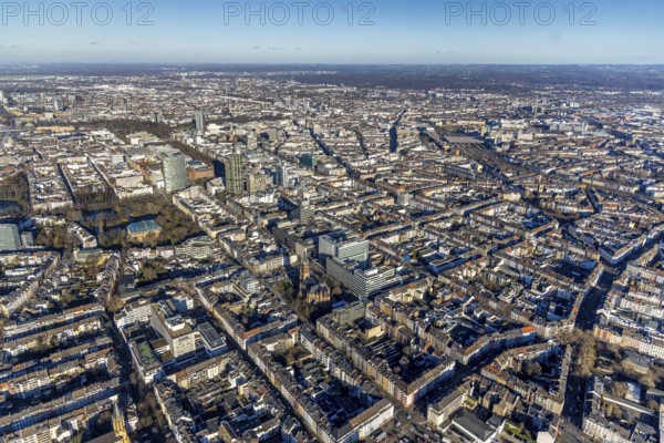 Aerial view, office buildings and commercial buildings Friedrichstraße with the catholic church St.