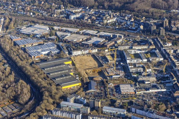 Aerial view, construction site and new construction of flats Am Gatherhof at the former premises of