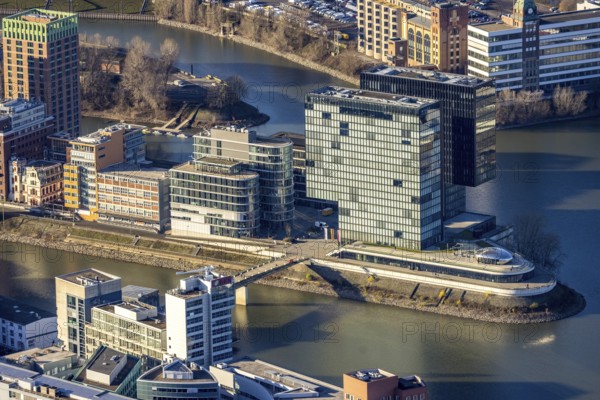 Aerial view, office buildings and commercial buildings in the media harbour with Hyatt Regency