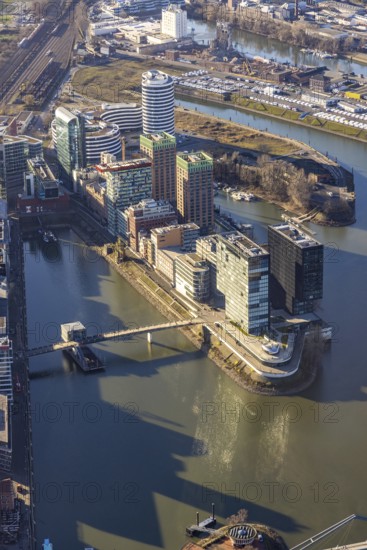 Aerial view, office buildings and commercial buildings in the media harbour with Hyatt Regency