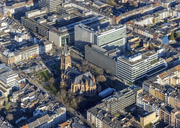 Aerial view, office buildings and commercial buildings Friedrichstraße with the catholic church St.