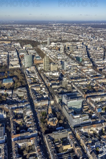 Aerial view, office buildings and commercial buildings Friedrichstraße with the catholic church St.