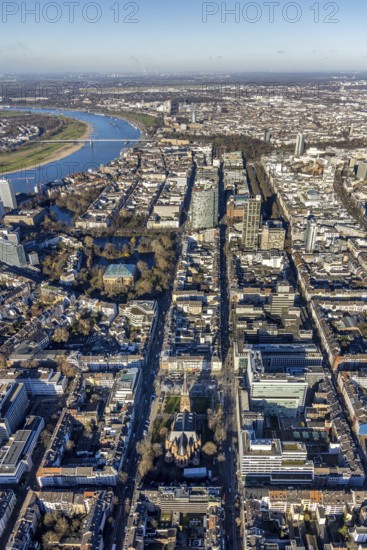 Aerial view, office buildings and commercial buildings Friedrichstraße with the catholic church St.