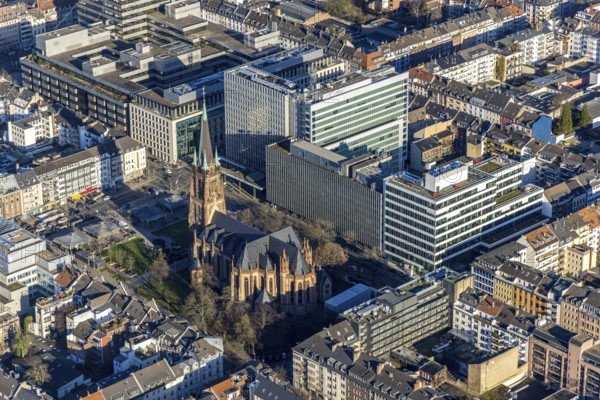 Aerial view, office buildings and commercial buildings Friedrichstraße with the catholic church St.