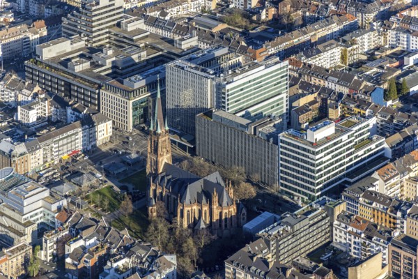 Aerial view, office buildings and commercial buildings Friedrichstraße with the catholic church St.