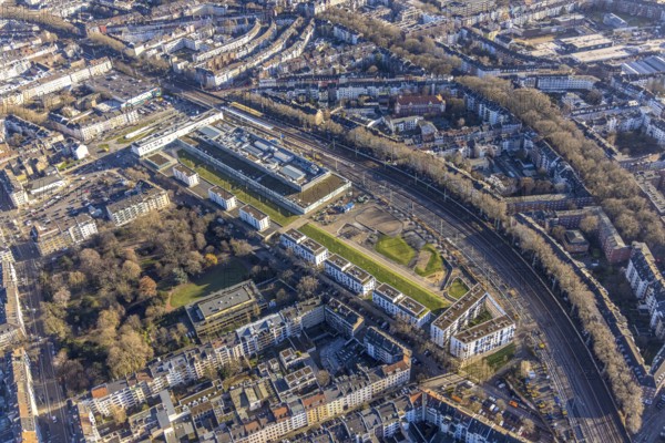 Aerial view, Düsseldorf Arcaden shopping centre and Florapark municipal park in the Unterbilk