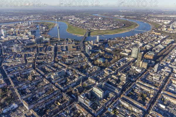 Aerial view, office buildings and commercial buildings Friedrichstraße with the catholic church St.