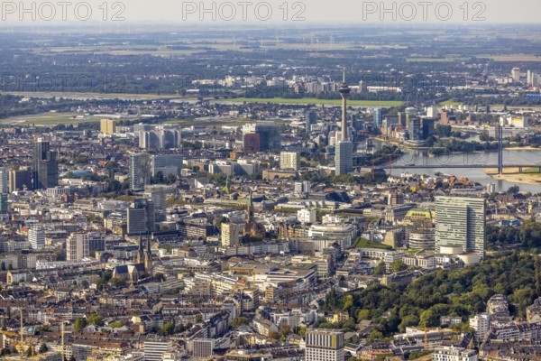Aerial view, city view Carlstadt with view to the Rhine Tower and Media Harbour in the district